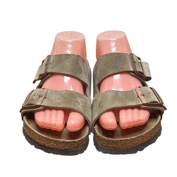 Birkenstock Arizona Sandals Women’s Size 6 Taupe Suede Slides Reg Width (HF15) - Picture 2 of 7